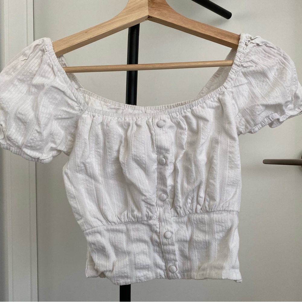 White Off-Shoulder Button-Front Crop Top